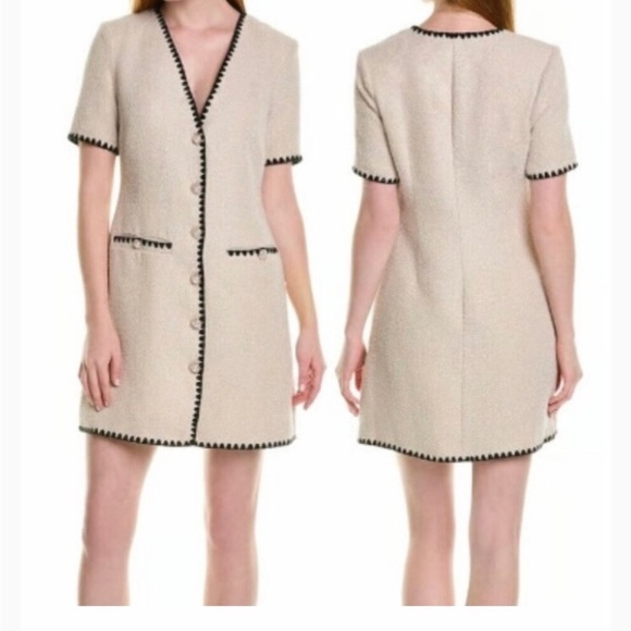 Alexia Admor Dresses & Skirts - Alexia Admore Tan Boucle Tweed Dress Black Scalloped Trim Rhinestone Buttons 8